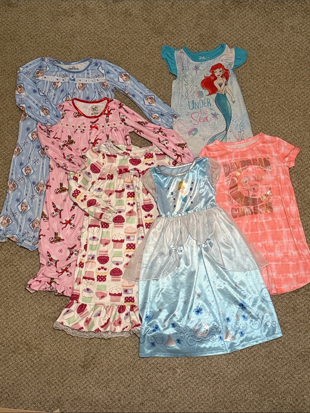 Disney Princess Ariel & Mix Girls Nightgown Bundle - Blue, Pink, Coral